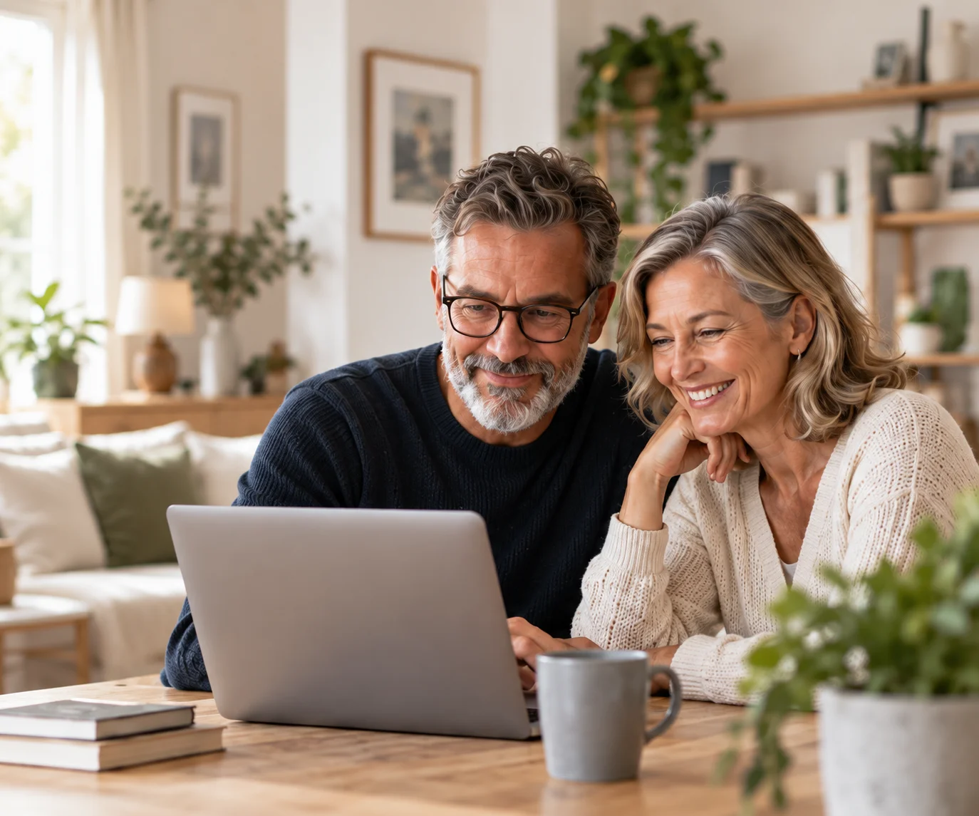 Un couple consulte ensemble les garanties de sa mutuelle sur un ordinateur à la maison