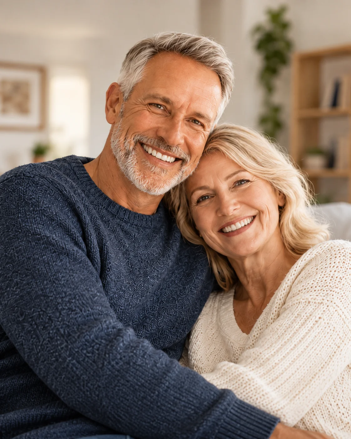 Un couple senior souriant, confortablement installé à la maison