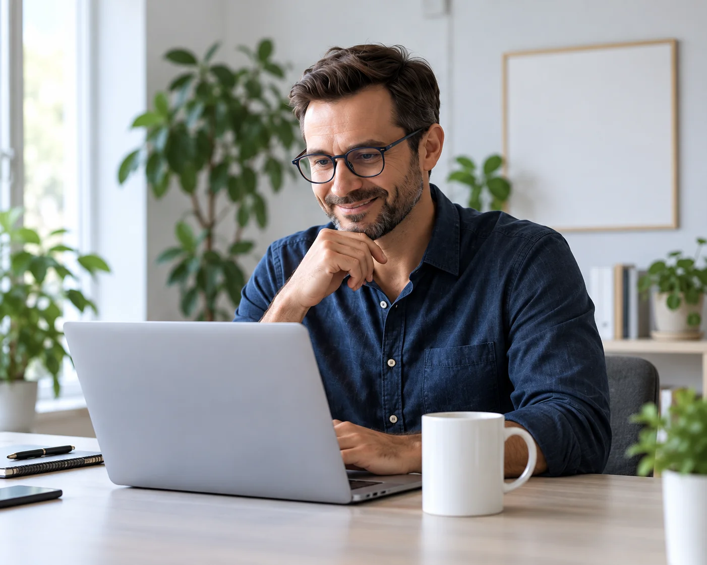 Un indépendant souriant compare ses garanties santé à son bureau